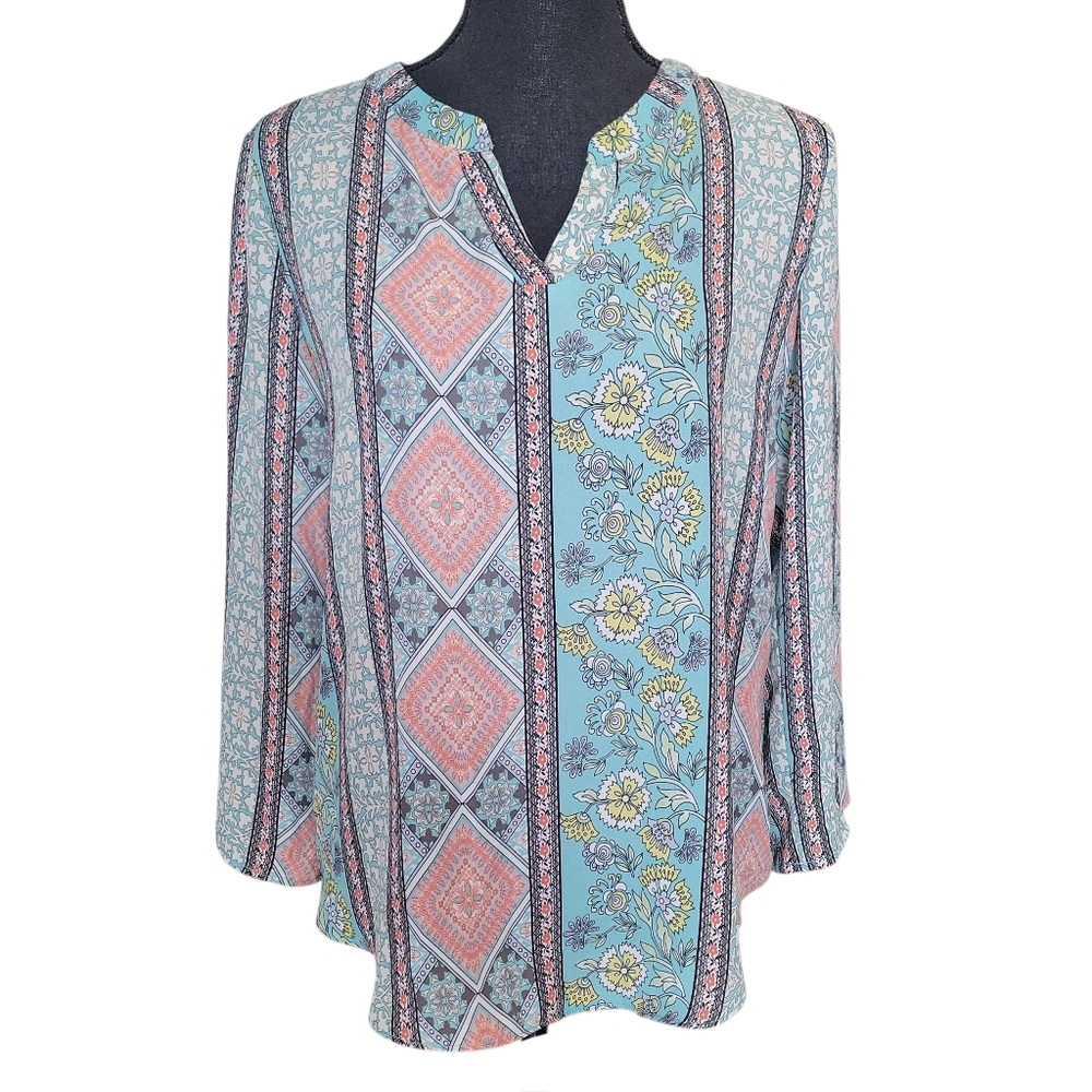 Sami & Jo Abstract Paisley Floral Multi-Print Boho Top Women's Size S